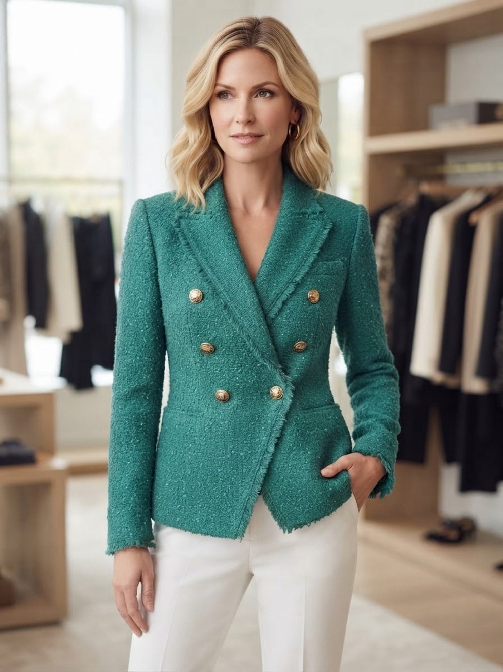 Dennis by Dennis Basso Teal Green Bouclé Tweed Double Breasted Blazer Sz 6